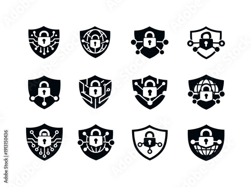 IT infrastructure overview. Icon set. Set Logo of IT infrastructure overview: cybersecurity shield network. harmonious logo variations of the