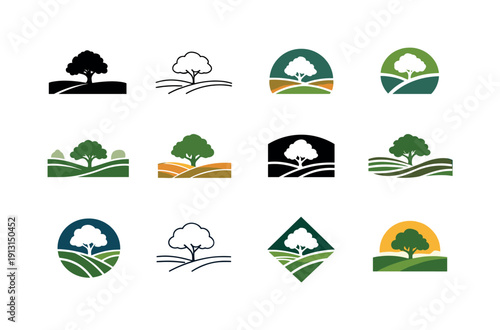 Open Landscape Icons. Open landscape. Icon set. Set Logo of Open landscape: tree in wide field. harmonious logo variations of the same emblematic concept, each