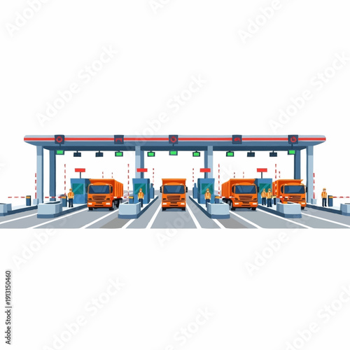 Toll Booth with Orange Trucks Passing Through.