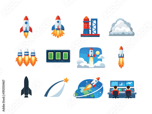 Rocket launch. Colorful flat vector icons set of rocket launch: space rocket, liftoff flames, launch tower, cloud of smoke, atmospheric