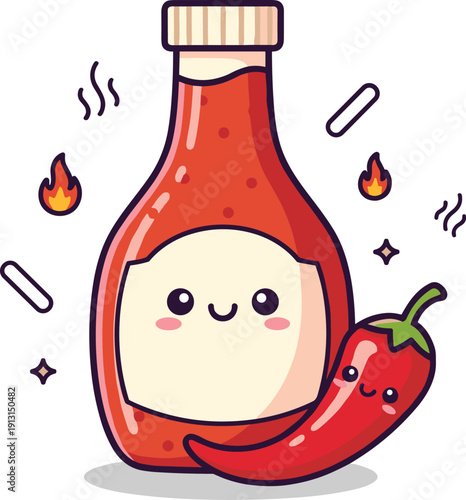 Cute kawaii hot sauce bottle character with smiling chili pepper and spicy flame elements