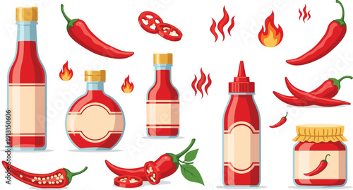 Spicy chili sauce set with hot sauce bottles, red peppers, slices and flame elements