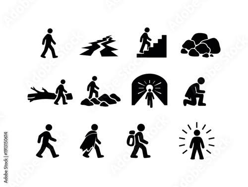 Perseverance path. Solid icon set of Perseverance path: lone silhouette, cracked ground path, uphill stairs, obstacles rocks, fallen tree,