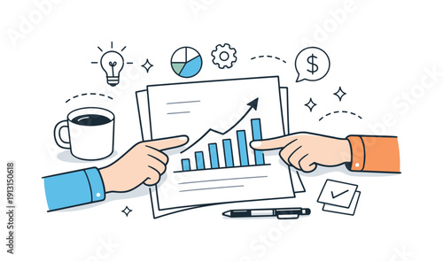 Financial graphs. Hands pointing at a rising graph on a document, suggesting discussion and strategic planning. Friendly collaboration mood