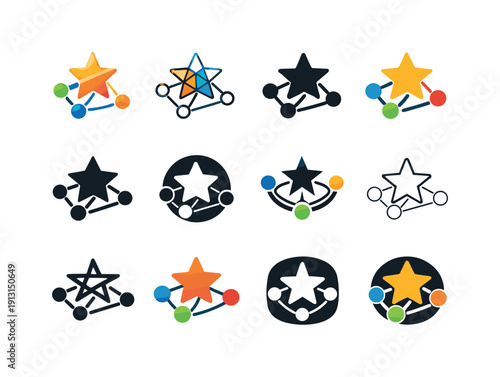 Recommendation Engine Logos. Recommendation engines. Icon set. Set Logo of recommendation engines: personalized star graph. harmonious logo variations of the