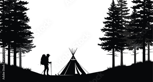 Hiker camping in forest silhouette, backpacker with tent among pine trees vector illustration isolated on white background