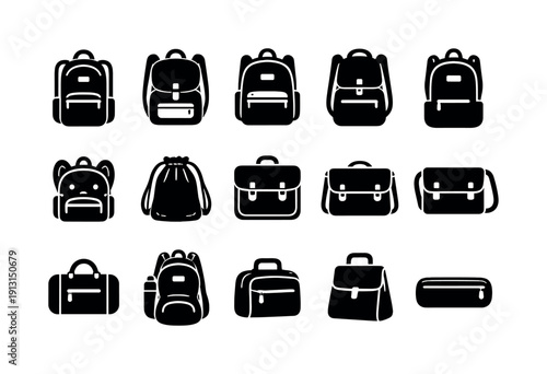 School bags. Solid icon set of School bags: school backpack, student bag, book bag, laptop backpack, kids backpack, drawstring bag, satchel