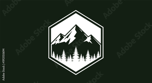Mountain forest badge logo design, hexagon emblem with alpine landscape vector illustration on dark green background