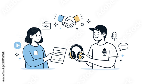 Brand and podcaster collaboration. Two characters exchanging a document and headphones, symbolizing partnership and agreement. The atmosphere