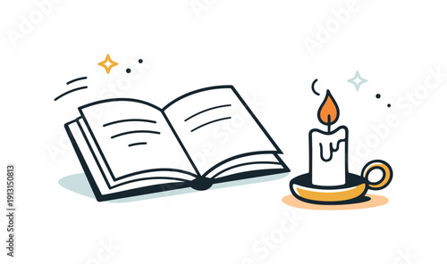 Historical reflection. A minimal open book with a candle resting nearby, pages slightly angled. The scene suggests learning, remembrance, and