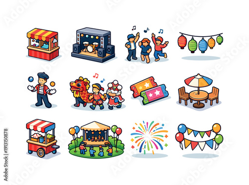 City festivals. Colorful isometric vector icons set of city festivals: festival booth, music stage, dancing crowd, lantern lights, street