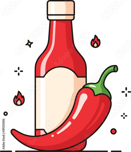 Hot chili pepper sauce bottle illustration with spicy red pepper and flame elements