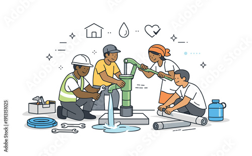 Community Water Installation. Safe water access program. Engineers and locals installing a simple water pump together, tools and pipes arranged neatly nearby.