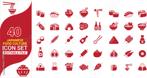 Collection of red Japanese food and culture icons on a white background