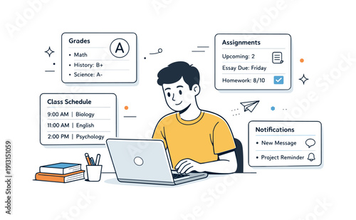 Student Portal Dashboard. Student portal dashboard. A student calmly reviewing grades and assignments on a laptop, clean interface cards floating nearby.