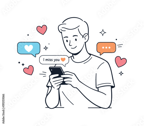 Digital love message. A person holding a phone while typing a loving text, soft smile and calm posture. Floating heart icons and message