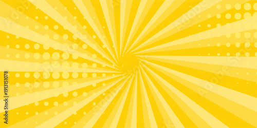 Yellow abstract background with light of sunburst. yellow starburst with halftone. sun ray retro background with flash