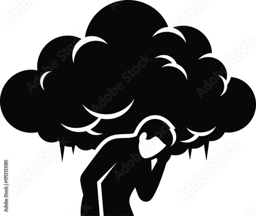Silhouette icon depicts a worried or stressed person burdened heavily by an enormous dark cloud representing overwhelming pressure or anxiety
