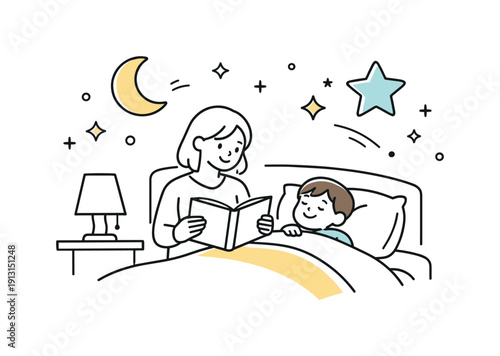 Bedtime rituals and emotional security. Calm evening scene with a parent reading a book to a child before sleep, soft stars and moon icons