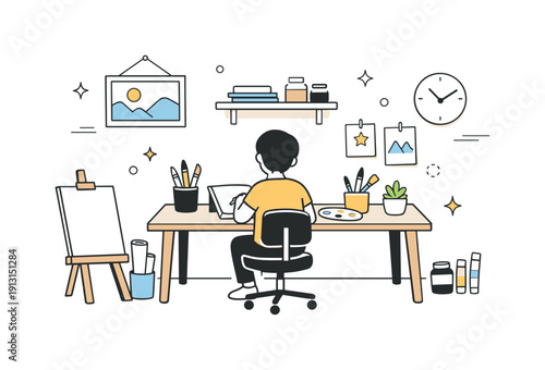 Personal art studio at home. A minimalist room with a desk, chair, and creative materials, showing a balanced and uncluttered environment.