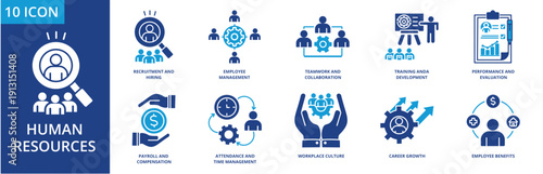 Human Resources  icon set collection. Icon pack contain recruitment & hiring, employee management, teamwork & collaboration, training & development, performance & evaluation,  dual tone vector.	