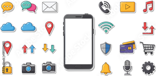 Mobile app icon set with smartphone, chat, wifi, location, payment, security, camera and notification symbols