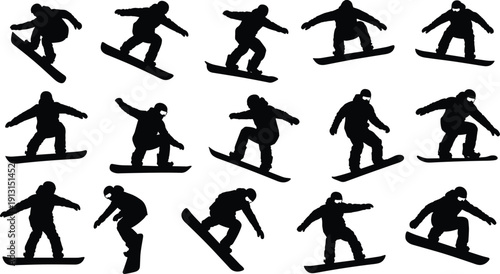 Snowboarder silhouette collection, winter extreme sport action poses on snowboard vector illustration isolated on white background