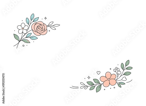 Elegant bridal florals. Minimal flowers and leaves arranged asymmetrically like a modern wedding invitation design. Romance, lightness, and