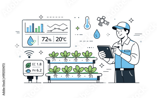 Monitoring hydroponic crops. A farmer or technician calmly observing sensors, charts, and tablets while standing near hydroponic plants. The