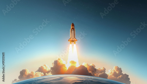 Space rocket launching into blue sky with clouds and sunlight symbolizing exploration and innovation