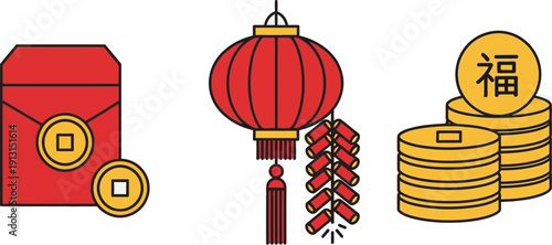 Vibrant collection of traditional Asian prosperity symbols, featuring lucky red envelopes, decorative lanterns, and golden fortune coins for cultural celebrations and good luck