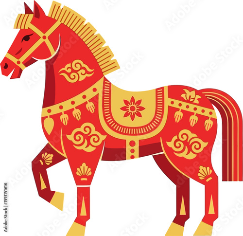 Vibrant red horse illustration with intricate golden Chinese cloud patterns and traditional saddle, symbolizing good fortune and strength in Asian culture