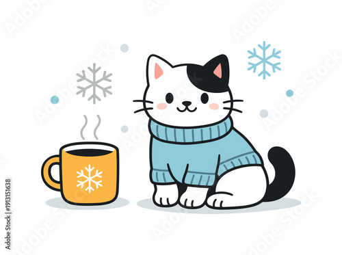 Winter pets fashion. A cat dressed in a simple winter sweater, sitting next to a mug and snowflake shapes, feeling cozy and
