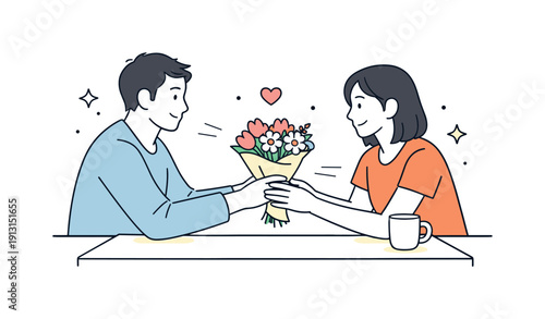 Receiving flowers or a thoughtful gesture. One person handing flowers across a table, gentle eye contact and relaxed posture. Feeling of