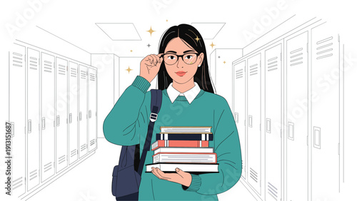 Studious young girl with glasses and a backpack carrying a heavy stack of books while standing in a school hallway with lockers.