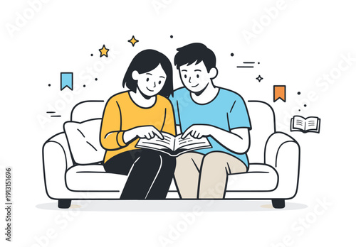 Reading time. Two people sitting on a couch reading a book together, quietly pointing at lines and enjoying a peaceful moment, tiny bookmarks