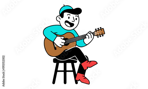 Cartoon Man Playing Acoustic Guitar Sitting on Stool Illustration