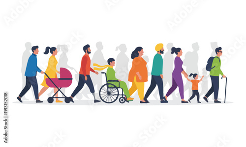 Diverse People Walking with Disabled, Ethnic Groups, and Families