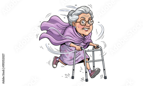 Furious Elderly Woman Running Fast with Walker Aid Cartoon Illustration