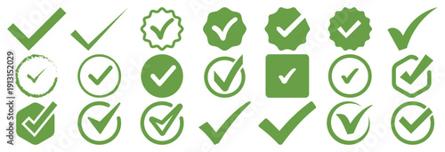 Set of diverse green checkmark icons illustrating various styles of successful verification and approval symbols
