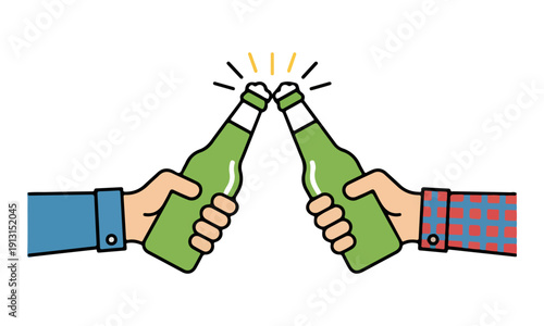 Hands Clinking Green Beer Bottles Illustration Making a Toast