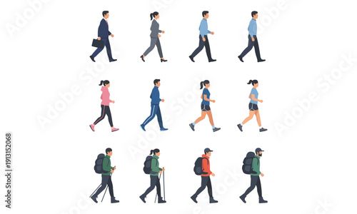 Walking Running Hiking People Set Side View Vector Illustration