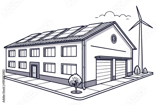 Modern eco friendly house with solar panels and wind turbine