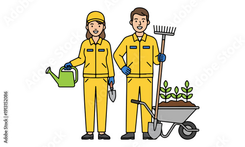 Professional Gardeners Couple with Tools and Seedlings Illustration