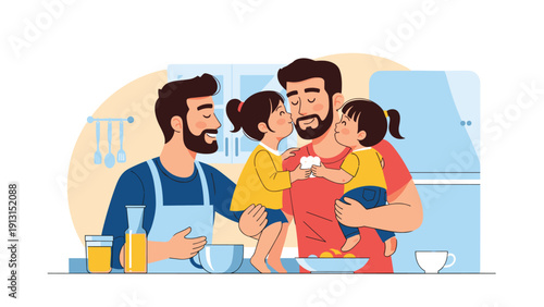 Two loving fathers spending quality time with their two young daughters while preparing a healthy breakfast in a bright kitchen.