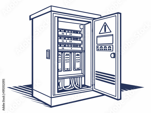 Electrical cabinet with open door showing internal components