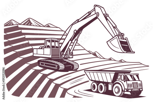 Heavy machinery excavation with excavator and dump truck