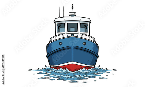 Front View Blue Fishing Boat Illustration Moving on Water Wake