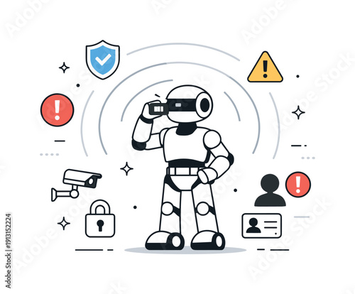 AI security monitoring. A robot patrol pausing to scan an area, with simple radar waves and alert icons around it. The scene feels calm,