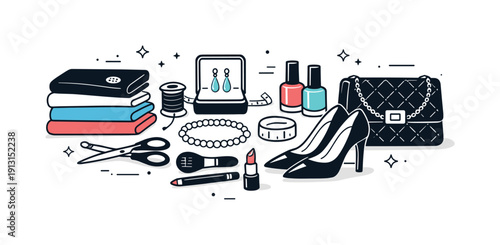 Runway styling details. Editorial close-up of fabrics, shoes, and accessories arranged neatly for a fashion show. Focus on craftsmanship,